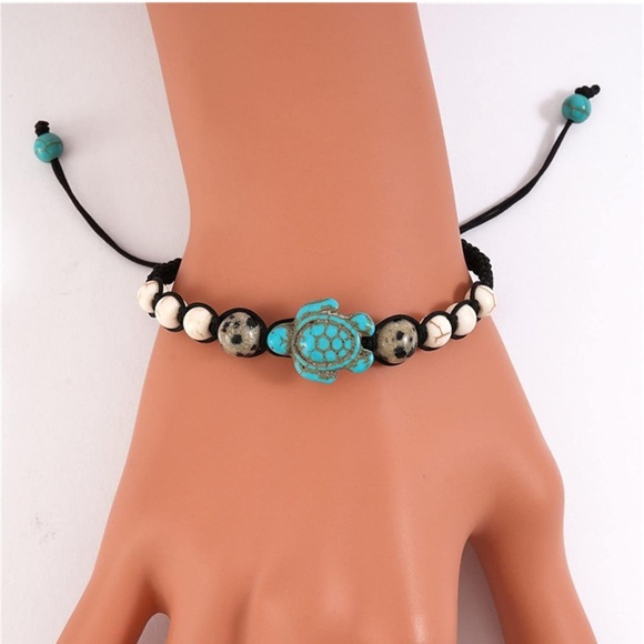 Bohemian Turquoise Turtle Bead Bracelet, 2pc Hand Woven Vintage - Picture 3 of 4